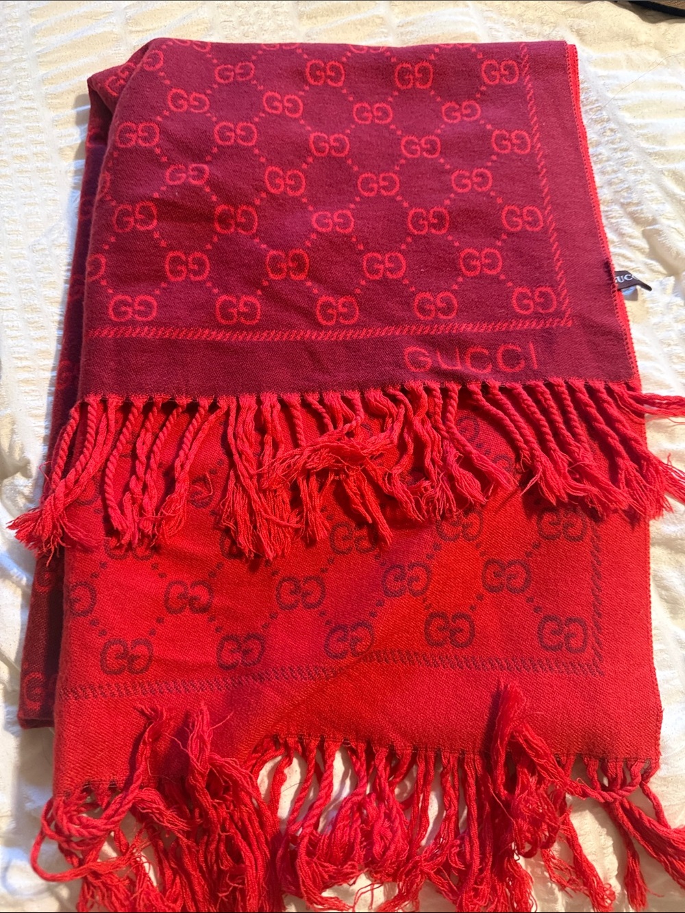 Gucci Red GG Jacquard Fringe Scarf Wrap